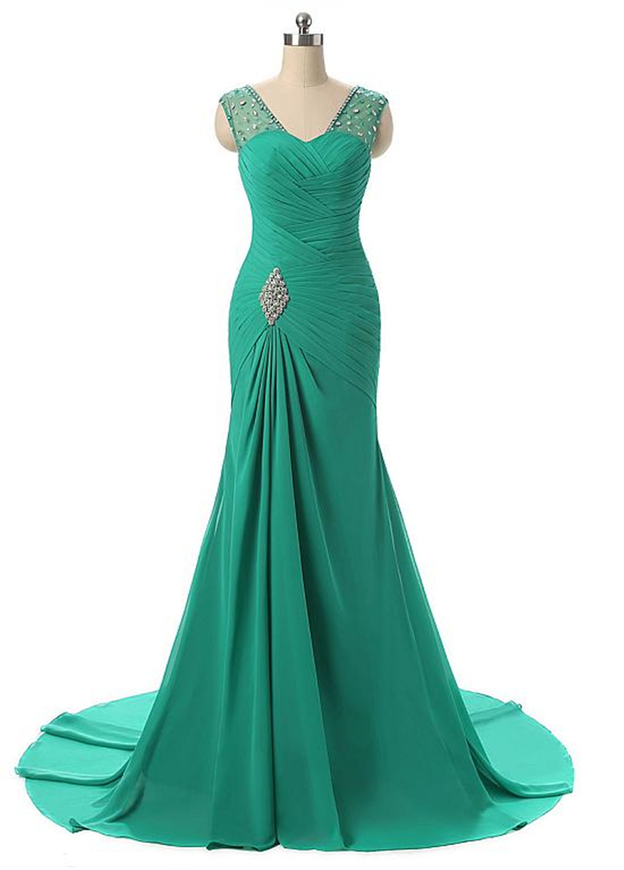

Stunning Chiffon V-Neckline Mermaid Evening Dresses Beadings Ruched Bodice Illusion Back with Crystals Prom Dress vestido de formatura, Royal blue