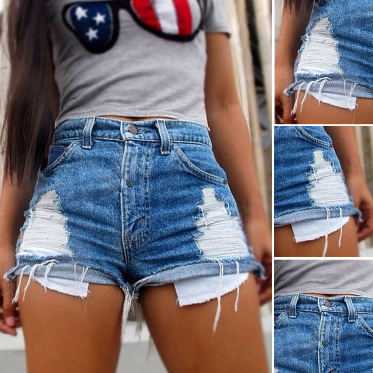 

Wholesale- UK Seller Sexy Women Jeans Vintage High Waist Hole Short Jeans Denim Sexy Shorts, Blue