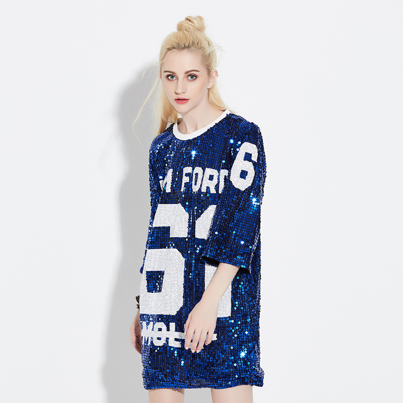 

Wholesale- Jasonplay Korean style Sexy Loose Hip-hop T-Shirts Summer Sequined Dress Women Casual Long Design Tops harajuku Tees, Green