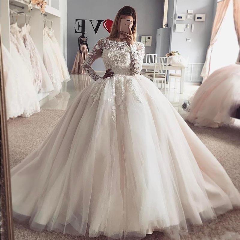 

Princess Ball Gown Wedding Dresses Vintage Long Sleeves Appliqued Lace Wedding Gowns Plus Size Bridal Dress Custom Made, Gold