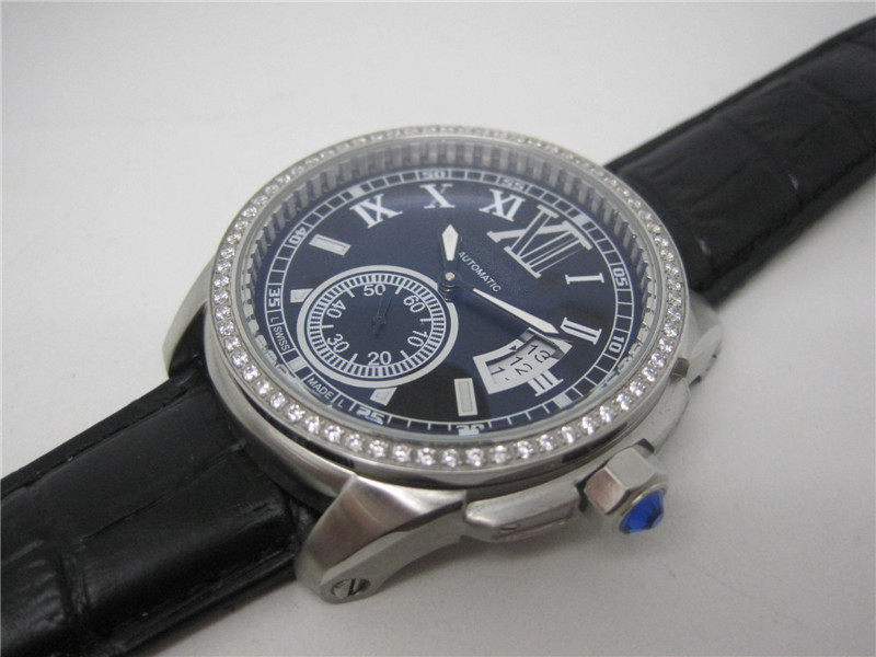 

Fashion watch for Man mechanical automatic wristwatch Stainless Steel Case leather strap diamonds bezel 100, Black