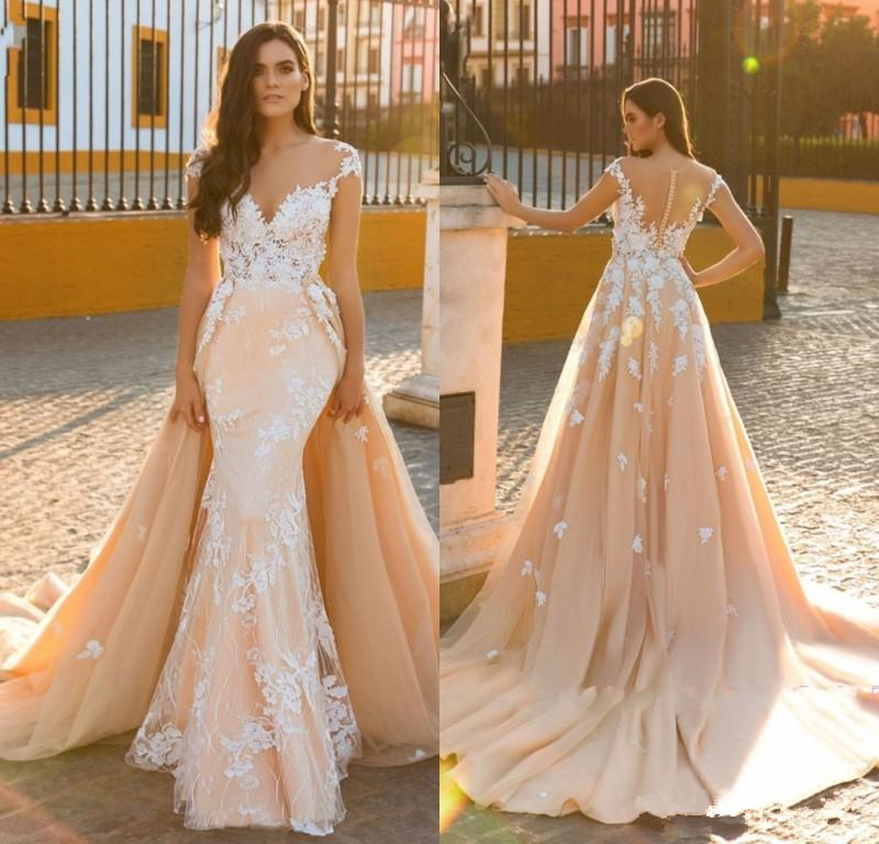 Robe de mariée de train détachable robe de mariée Exquise Applique 2021 Scoop broderie Tulle 2 en 1 Robes de mariée Personnaliser Fabriqué