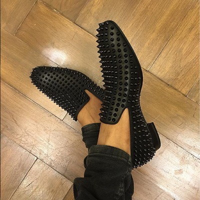 

Men Wedding Dress Shoes Business High Quality Flat Mens Shoe Black Spikes Oxfords Red sole Flats Leather spiked loafer flat slip on with box