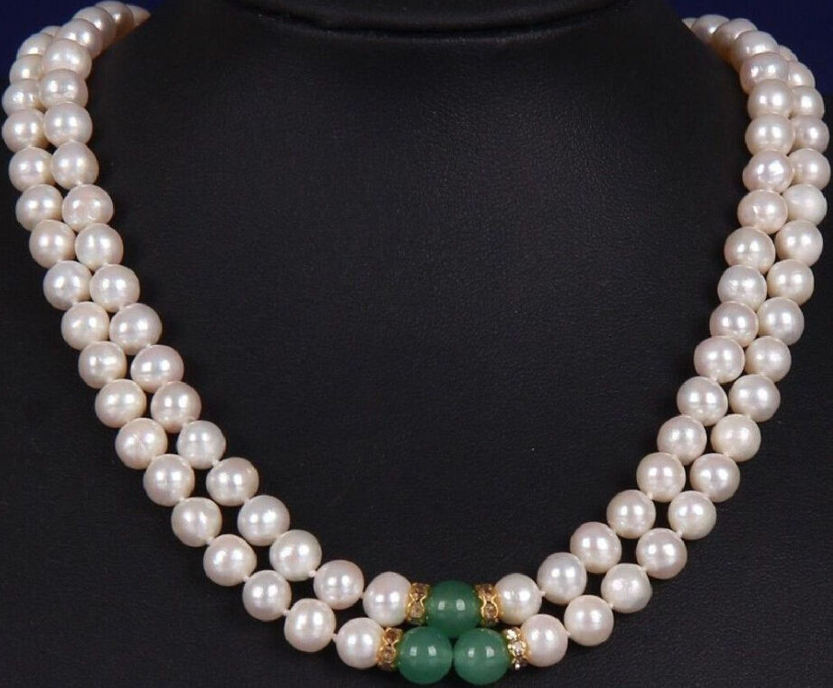 

2 ROW 8-9MM SOUTH SEA WHITE GREEN JADE MOTHER PEARL NECKLACE YELLOW CLASP