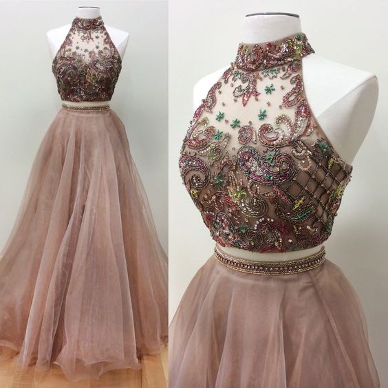 Superbe Deux Pièce Robes De Bal 2017 Col Haut Sans Manches Split Côté De Plancher Longueur Longueur Brillant Perlée Longue Robe De Soirée