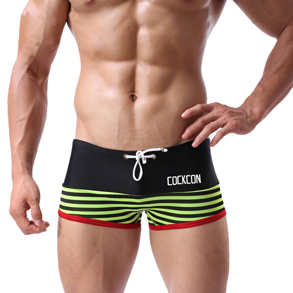 

Wholesale New Sale COCKCON swimwears Men's Sexy Stripe Assorted Colors Slim Swimming Trunks Green M  XL XL, As pic