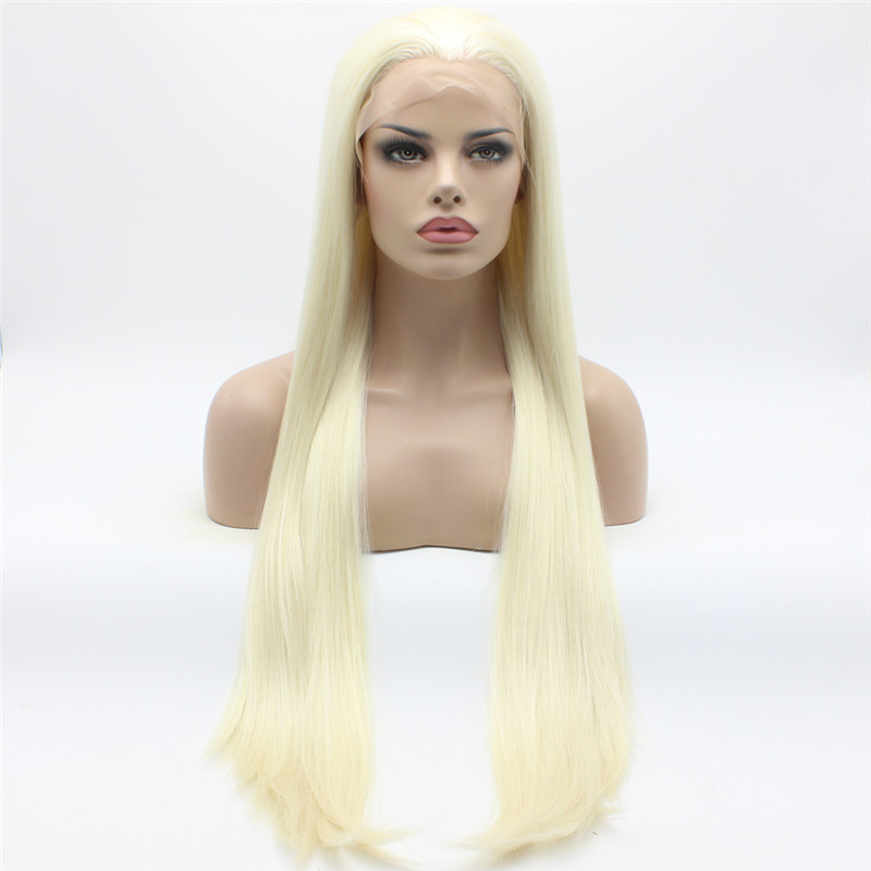 

Iwona Hair Straight Extra Long White Light Blonde Mix Wig 22#1001/613 Half Hand Tied Heat Resistant Synthetic Lace Front Wigs, Mix color