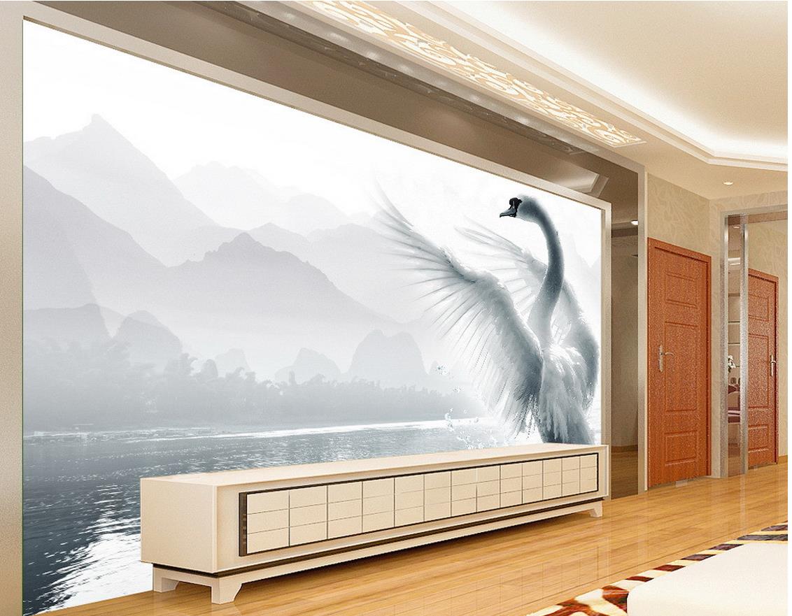 

New Custom 3D Beautiful Romantic beautiful swan lake TV wall decoration painting wallpaper for walls 3 d for living room, Grey