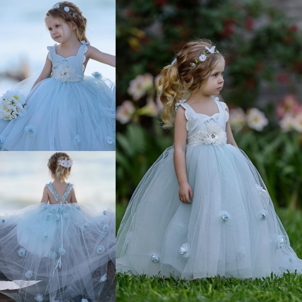 

3D Floral Appliques Flower Girls Dresses Open Back Communion Dress Sweep Train Ball Gown Princess Gowns, Lanvender