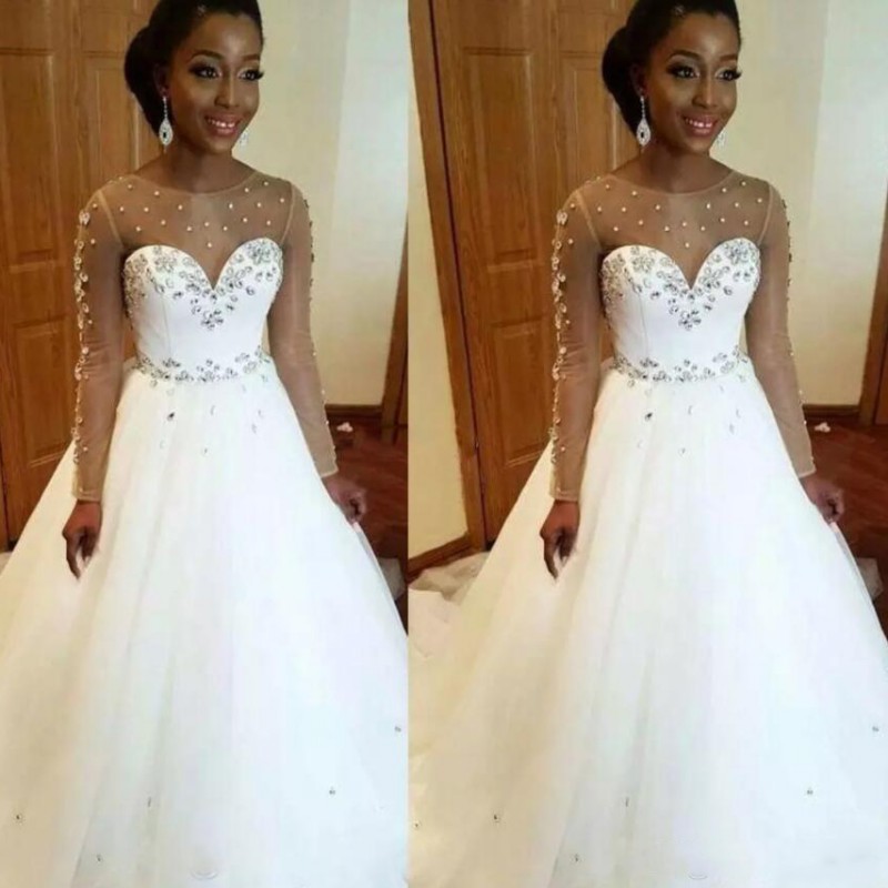 

African Sheer Long Sleeves Wedding Dresses Crystals Beaded A Line Bridal Gowns Floor Length Wedding Vestidos Custom Made, Champagne