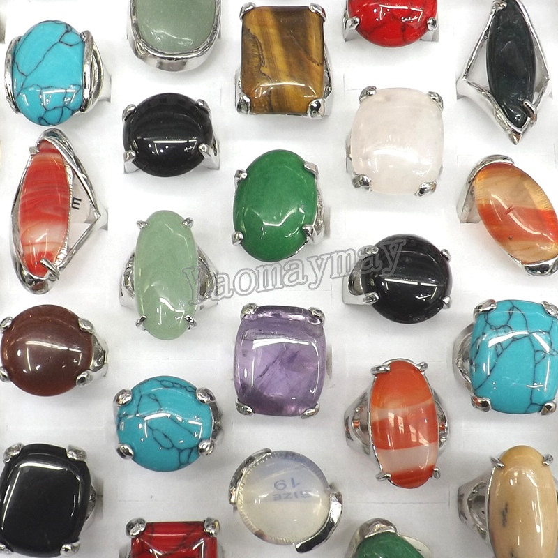 

50pcs/Lot Queen Size High Quality Natural Semi-precious Stone Rings Include Turquoise, Opal, Rose quartz, Etc