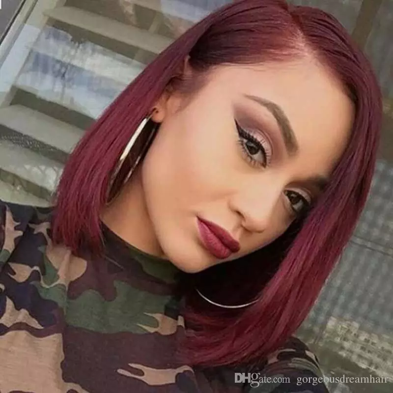 

Short Bob Type 99J Burgundy Human Full Lace Wigs Silky Straight Human Hair Wig Hair Red Wind 99J Lace Front Human Hair Wigs