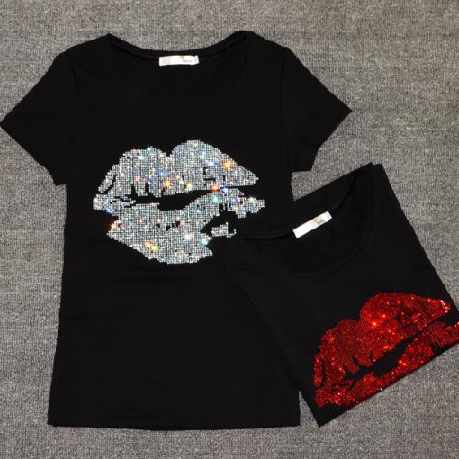 

Wholesale-Summer style o neck sequins lips sexy women t shirt short sleeve t shirt fashion 2016 tops XXXL, Pink