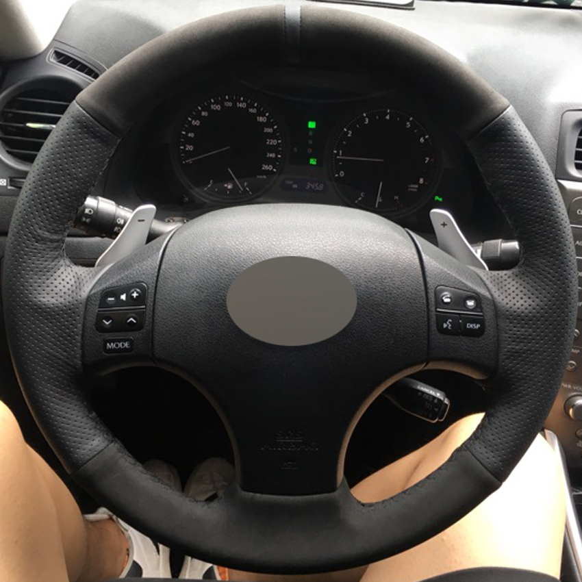 Black Genuine Leather Suede DIY Hand-stitched Car Steering Wheel Cover for Lexus IS is250 is300 is350-image-403493341