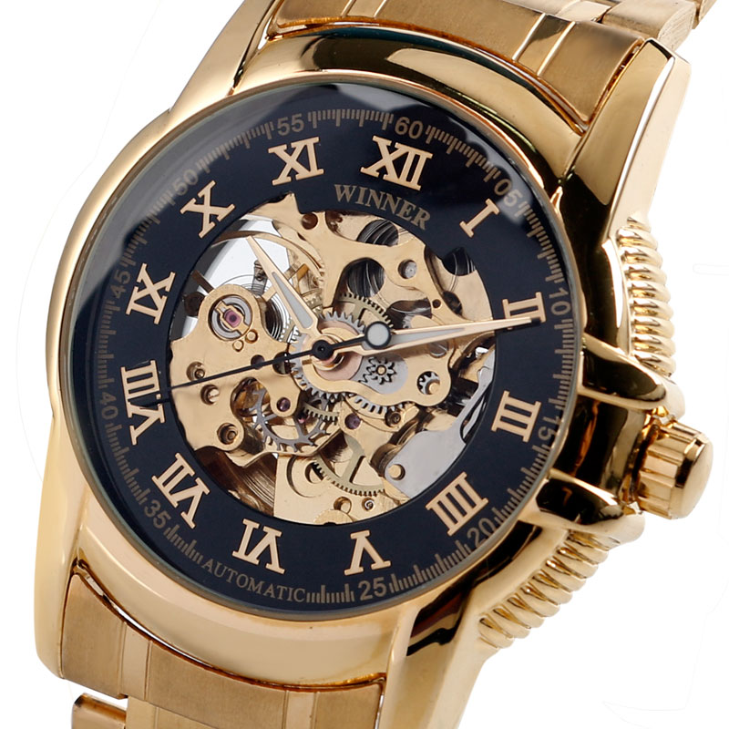 

Brand WINNER Luxury Black Skeleton Roman Number Self-wind Mechanical Watches Golden Case Band for Men Best Gift, Gold