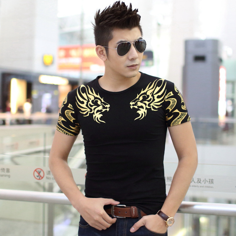

men's T Shirt Double golden dragon Jakiro print t shirts Fashion brand New T-Shirt Short Sleeve O-neck Tops Tees 5 size TX141-R3, White;black
