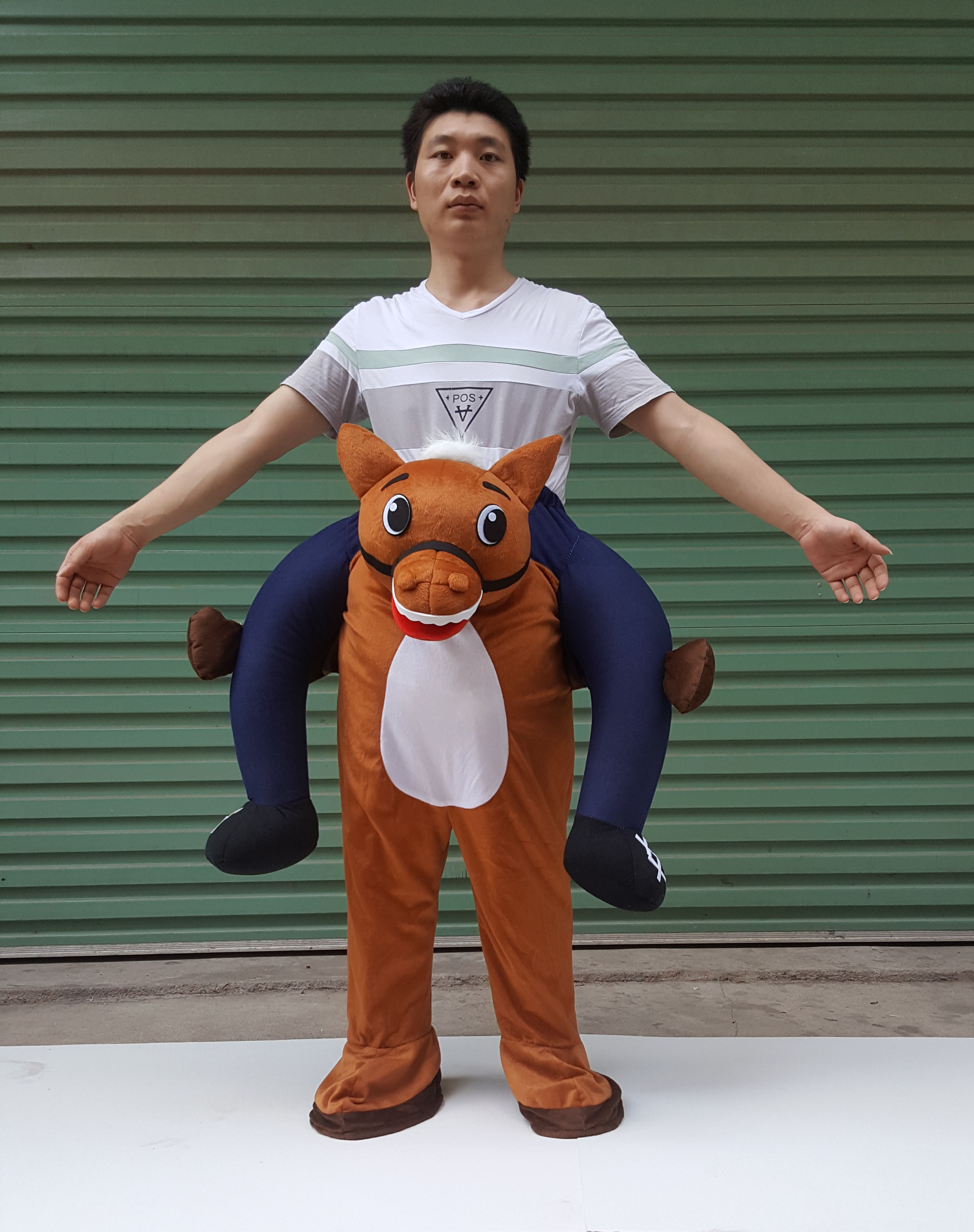 

high quality fake legs pants donkey riding on mascot costume, Brown
