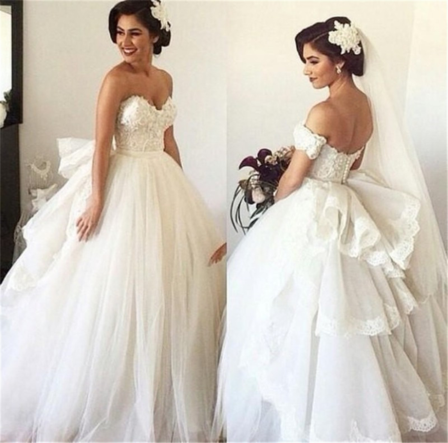 

Romantic Vestido de noiva Elegant Sweetheart Tulle Wedding Dresses With Detachable Train Bead Lace Princess Off the Shoulder Bride Gown, Red