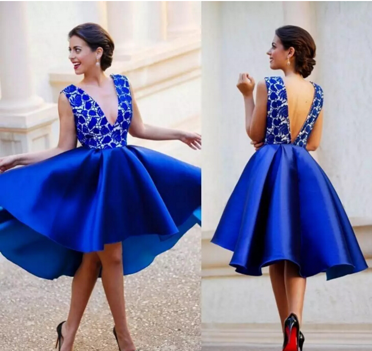

Graceful Knee Lenth Cocktail Party Dresses 2019 New Arrival Royal Blue Applique V Neck V Back Satin Formal Evening Gowns For Women, Burgundy
