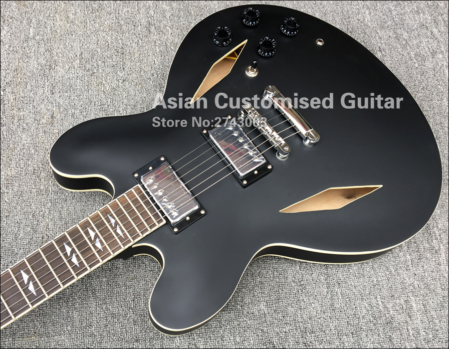 

Custom Shop Dave Grohl DG335 Matte Black Semi Hollow Body Jazz Electric Guitar Guitarra Dual Diamond Holes Split Diamond White MOP Inlay