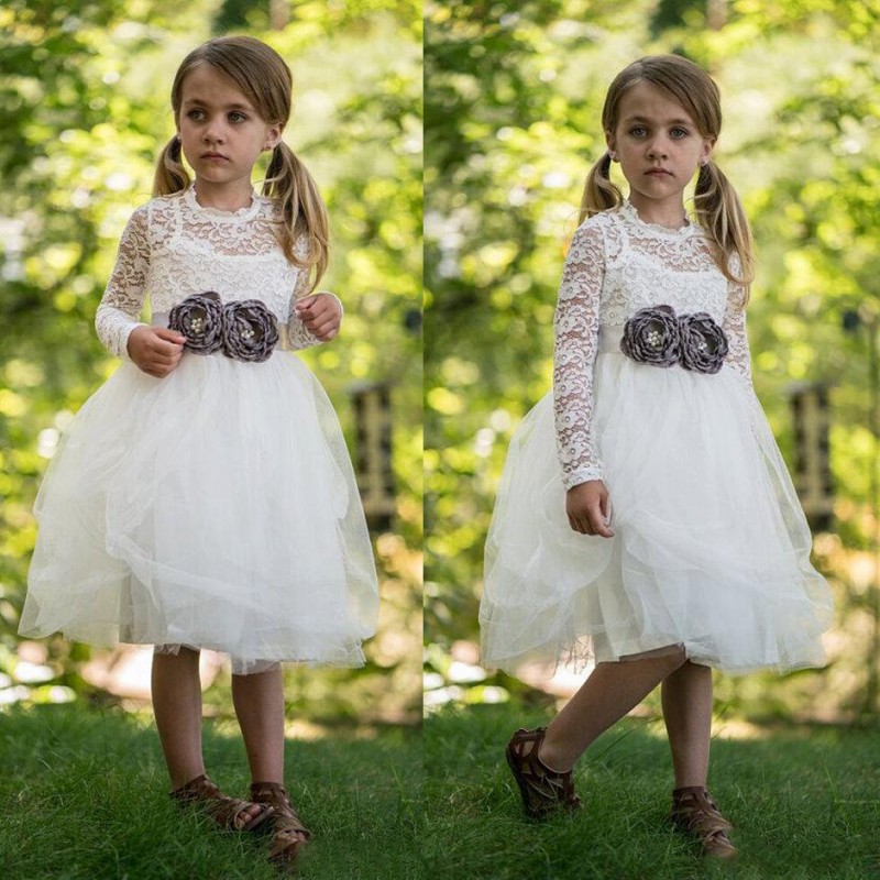 

White Lace Long Sleeves Wedding Flower Girl Dresses With Beaded Handmade Flowers Knee Length Tulle Ball Gown Girls Birthday Party Gowns, Lanvender