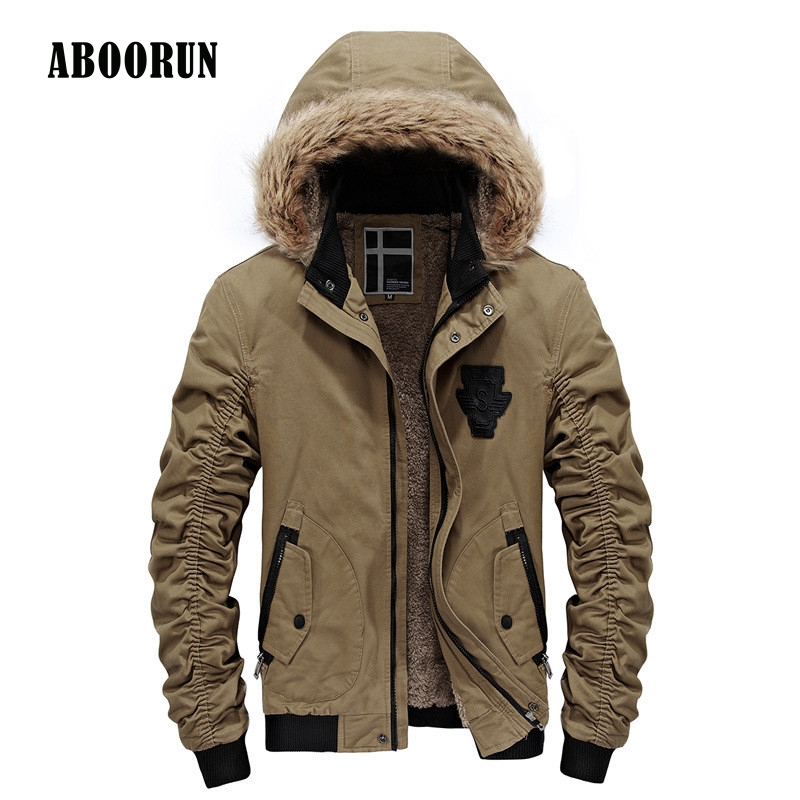 

Wholesale- ABOORUN 2017 Winter Mens Hooded Faux Fur Collar Jacket with Fleece Male Casual Warm Bomber Jacket and Coat Black Army P8024