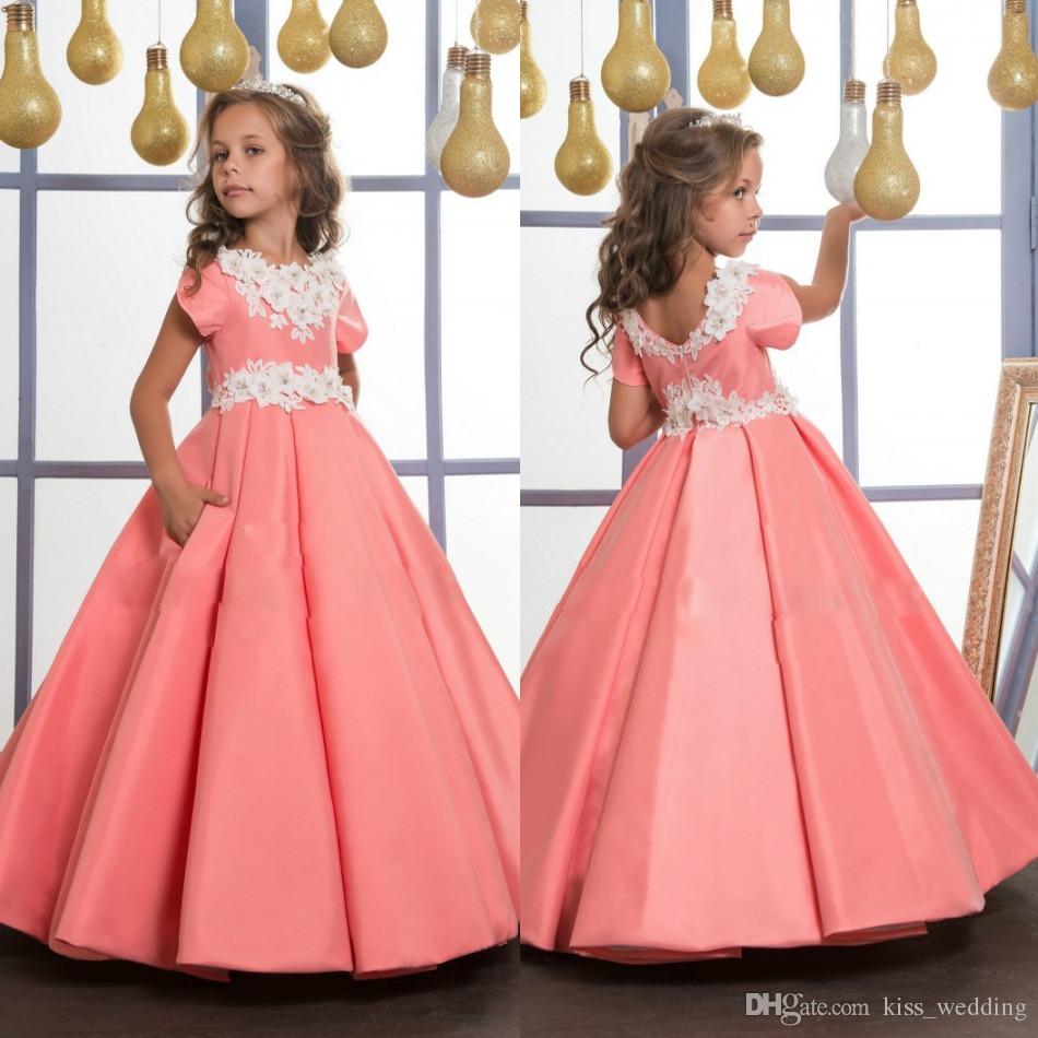 

Unique Grils Pageant Dresses Satin Ruffle With Appliques Junior Kids Party Gown For Weddings Sleeves Jewel Neckline Flower Grils' Dress, Grape