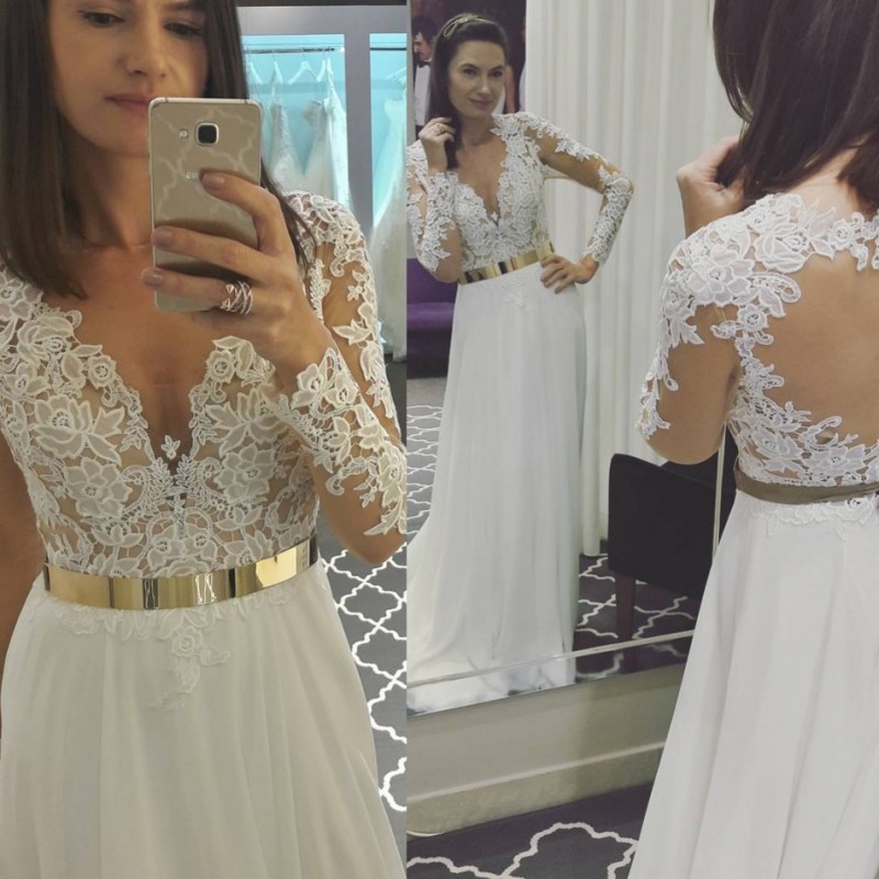 

Cheap Lace Applique Wedding Dresses Illusion Wedding Gowns Plus Size Sweep Train Bridal Dress With Sash, Custom made from color chart