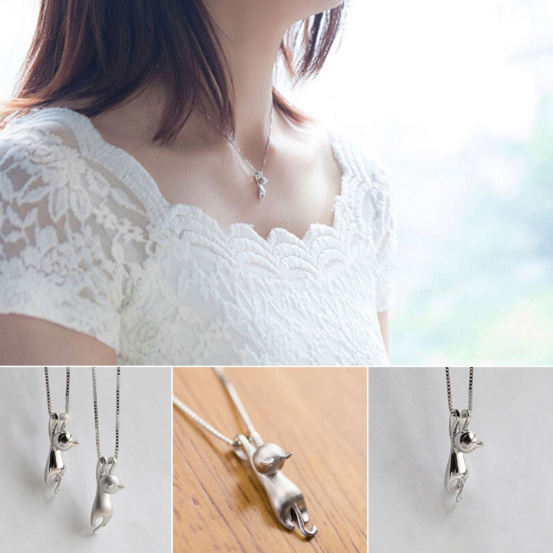 

Women Sterling Silver Plated Lovely Hanging Cat Pendant Necklace Jewelry for girlfriend mon gift free shipping