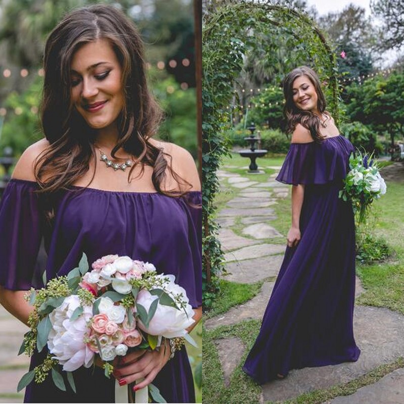 

Bohemian Purple Chiffon Off Shoulder Bridesmaid Dresses Long 2017 Modest Half Sleeve Ruched Floor Length Maid Of Honor Gowns Custom EN9138