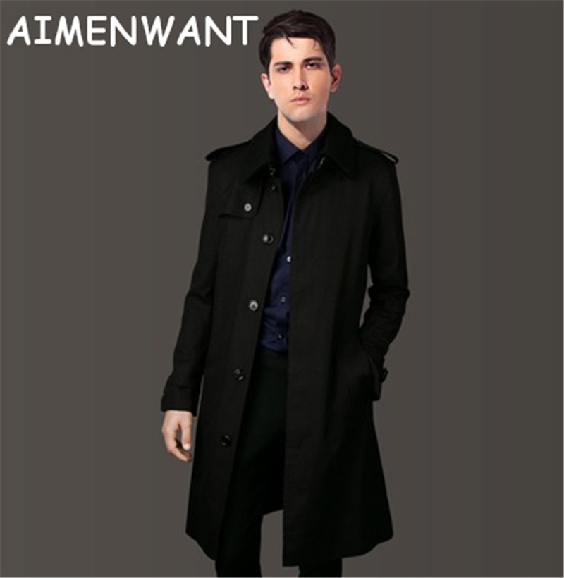 

Wholesale- Men' Clothing 2017 Single Breasted Long Trench Coat Male Slim Fit Khaki Coat Trench uk Personal Size Custom-tailor Coat as Gift, Black