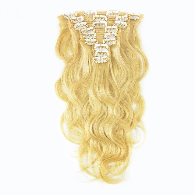 

Brazilian Remy hair Clip-in Full Head Human Hair Extensions Body Wave Blonde Color 613 9pcs/Set 120G 14-28inch