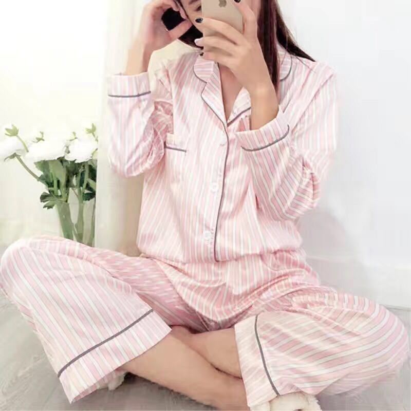 

Wholesale- 2017 New Spring Long-sleeve Sexy Faux Silk Fashion Pink Stripe Women Pajamas Sets Simple Soft Ladies Homewear Pijamas Set
