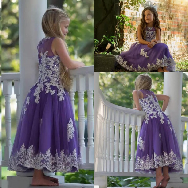 

Lovely Purple Long Girls Pageant Gowns White Lace Appliques Princess Flower Girl Dresses For Wedding Children Formal Party Gowns, Blue