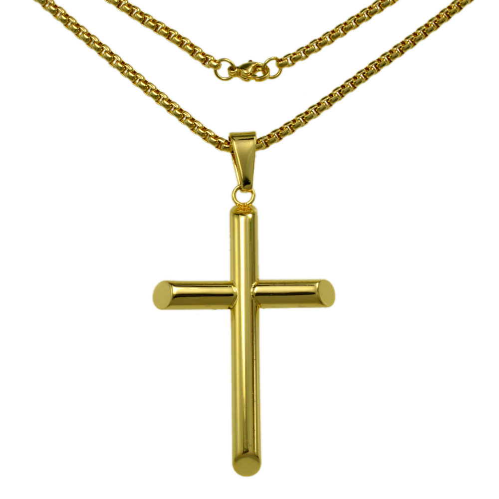 

n321-Ladies Gifts Stainless Steel Gold Cross Pendant Necklace Beads Chain