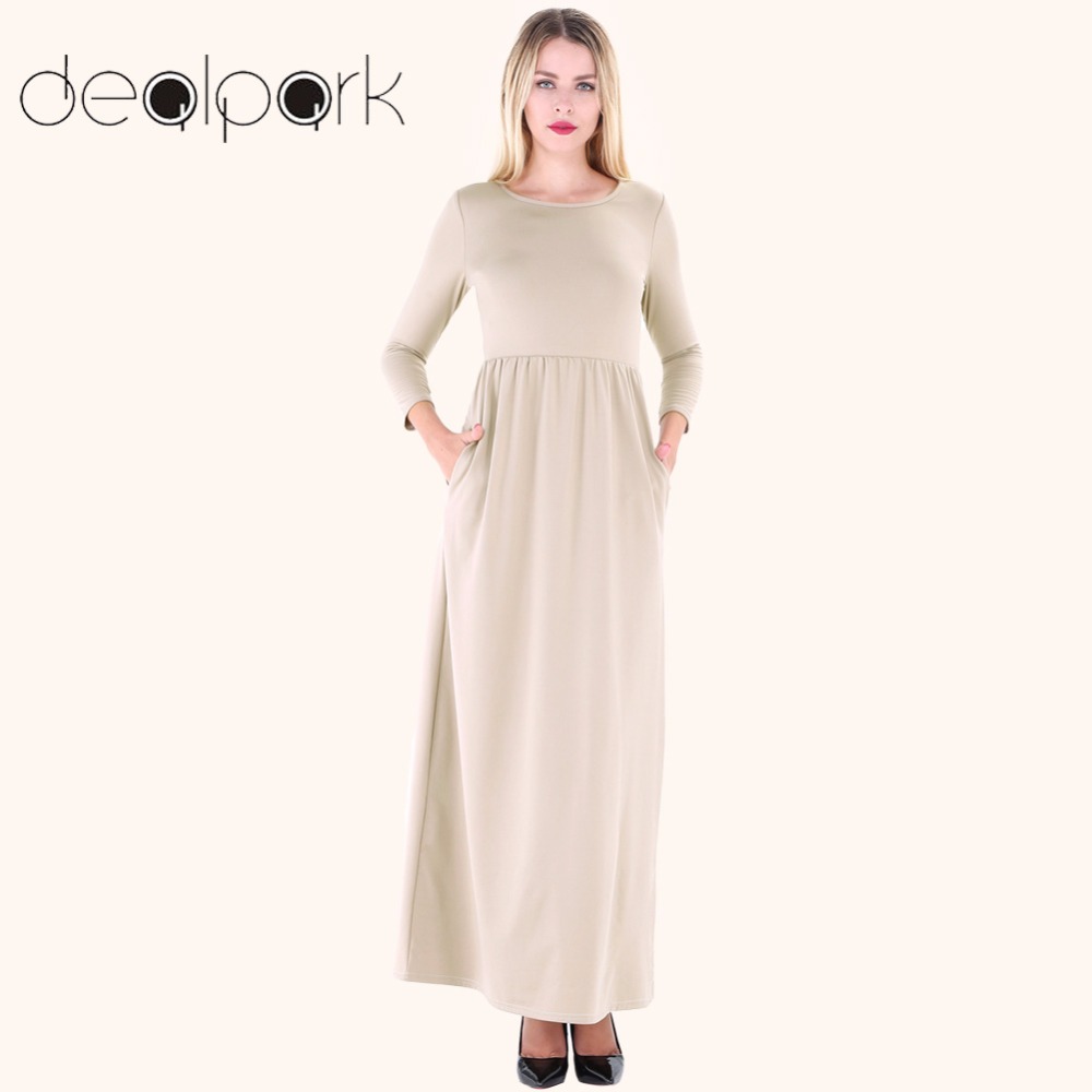 2017 Autumn Elegant Long Dresses Women Maxi Dress O Neck 3/4 Sleeves Pockets Elastic High Waist Solid Dress Vestidos de festa XL q1113