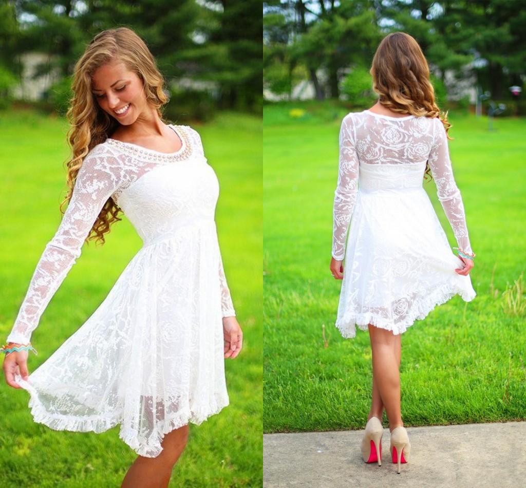 

Long Sleeves Lace Short Wedding Dresses Boho Bridal Dresses Beach Wedding Dress Bohemian Wedding Gowns Cheap Bridal Gowns Fast Shipping, Ivory