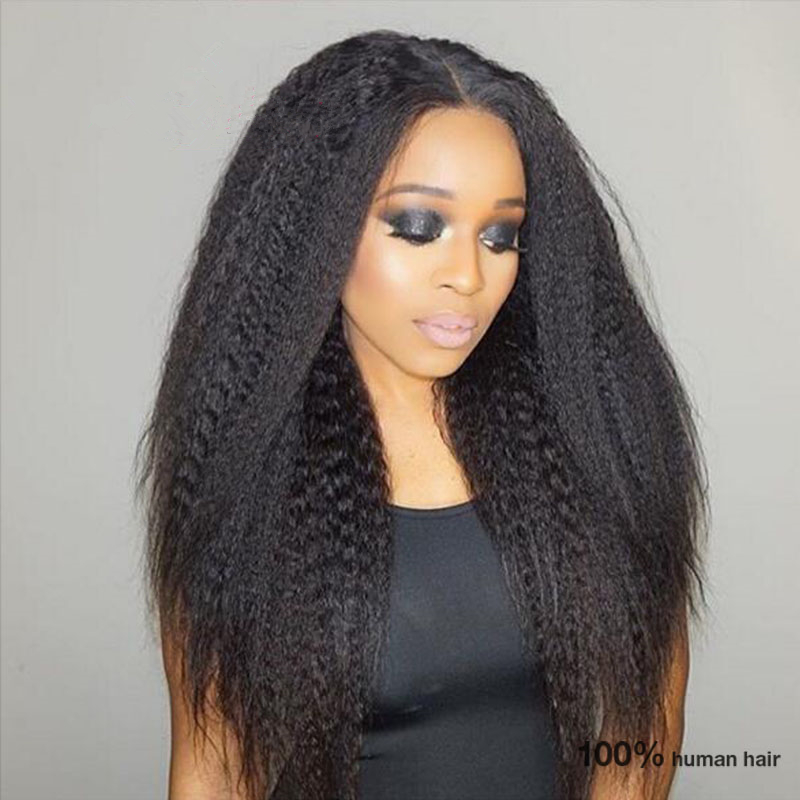 

Heavy Density Kinky Straight Brazilian 8A Virgin Human Full Lace Wigs With Baby Hair Wavy Coarse Yaki Lace Front Wig For Black Woman, Natural color