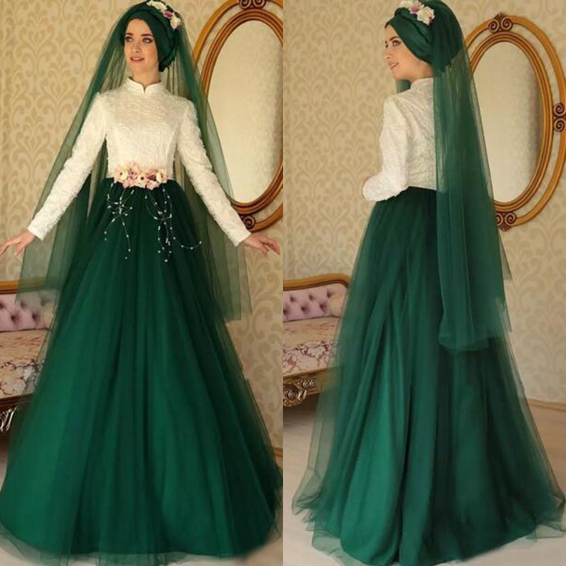 

2017 Muslim Ivory Lace High Collar Long Sleeve Top Dark Green Tulle Formal Dresses Evening Gown With Pearls Hand Made Flowers Custom EN9012, Light purple