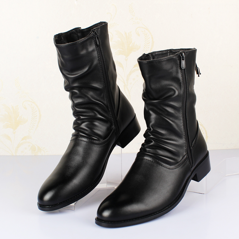 

Men Leather Boots Spring Fall British Style Shoes Square Heel Casual Boots 5#20/20D50, Black with fur