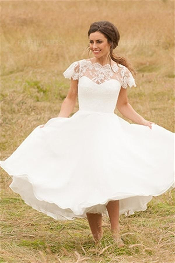 Robes de mariée en mousseline de soie à manches courtes court 2019 nouvelle vente chaude une ligne de dentelle de thé longueur robes de mariée ro