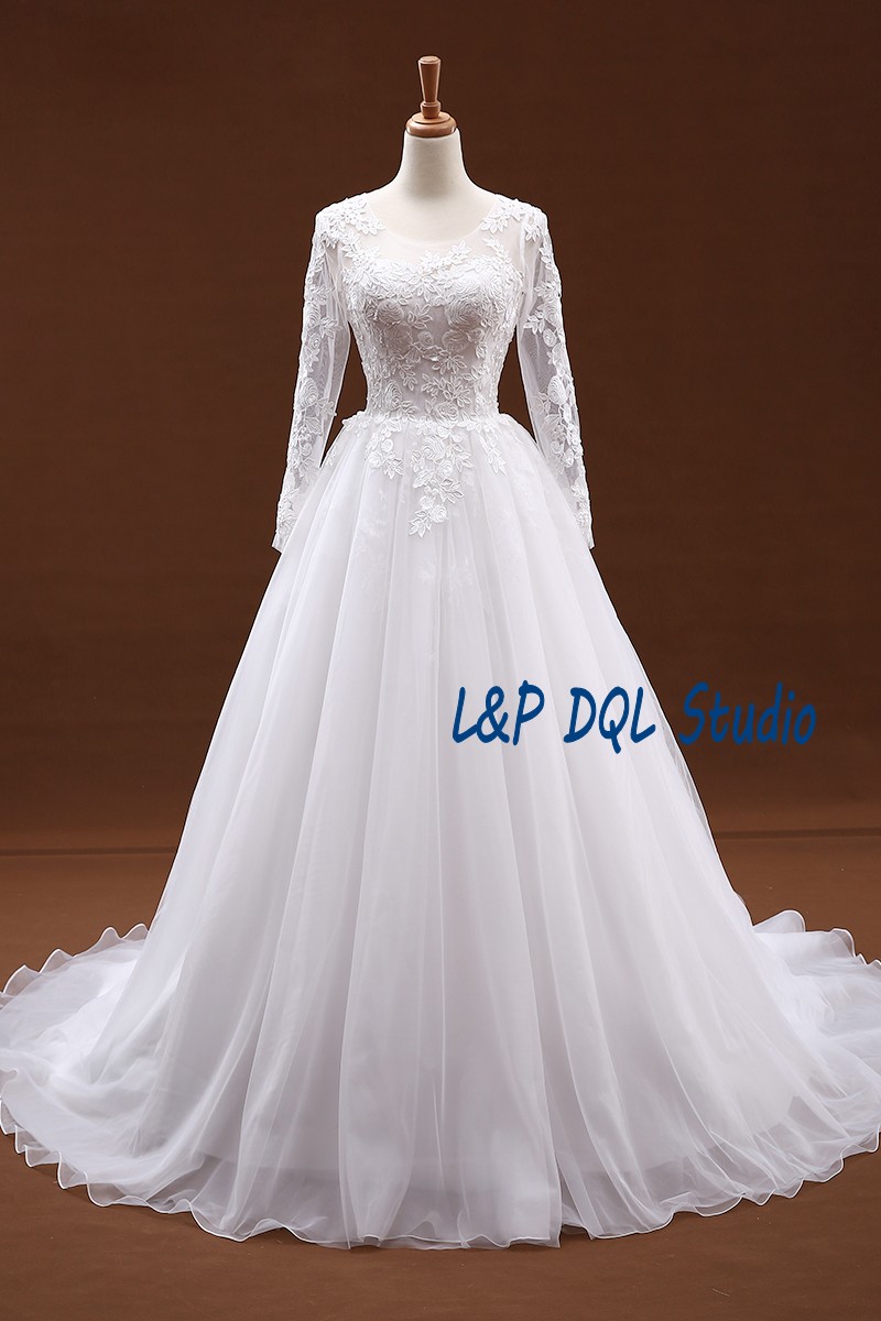

Fall Winter Long Sleeves Ball Gown Wedding Dresses High Waist Long Bridal Gowns Sheer with Floral Applique Bridal gowns El vestido de novia, Gold