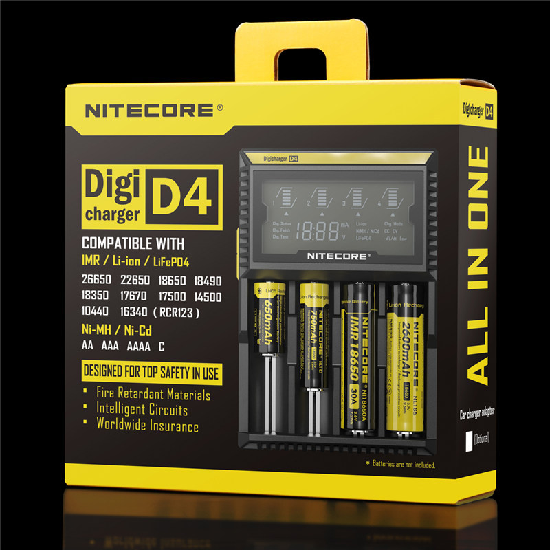 

100% Original Nitecore D4 Intelligent Digi Smart Charger with LCD Display for 14500,16340 (RCR123),18650,22650,26650,AA,AAA Battery