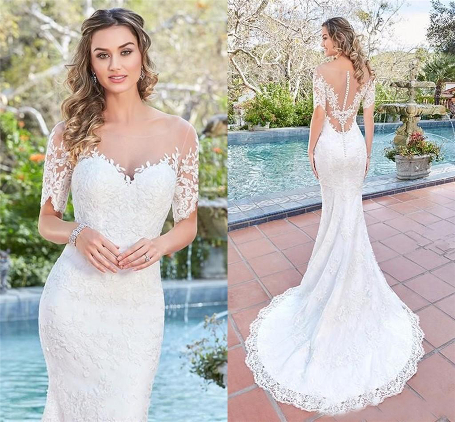 

Elegant Sheer Jewel Neck Illusion Back Beach Wedding Dress Long Bridal Gowns Gorgeous Short Sleeves Lace Mermaid Wedding Dresses, Pink
