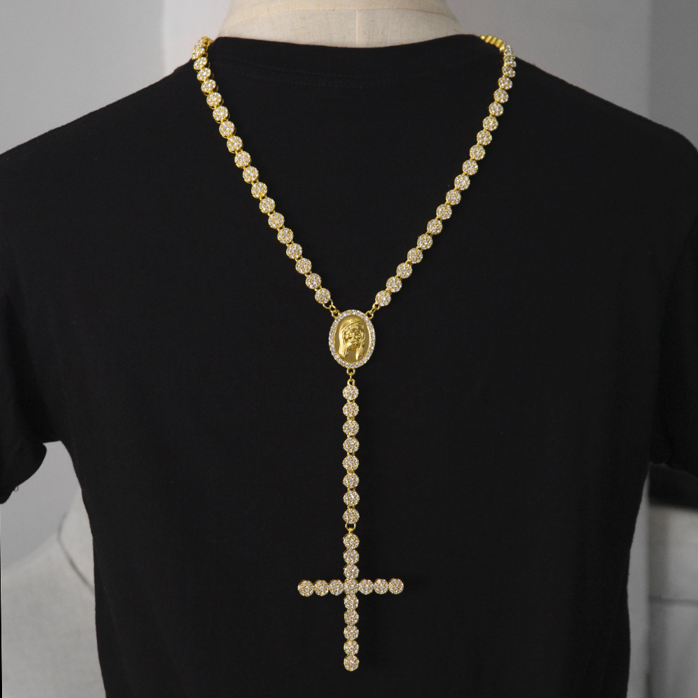 

Men Luxury Long Necklace Gold Silver Full Iced Out Rhinestones Jesus Face With Big Cross Pendant Necklace Rosary Punk Jewelry