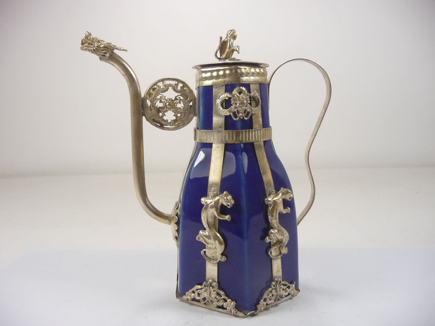 

Exquisite Chinese Vintage Handwork Tibetan Silver Dragon Monkey Inlaid with Porcelain Teapot