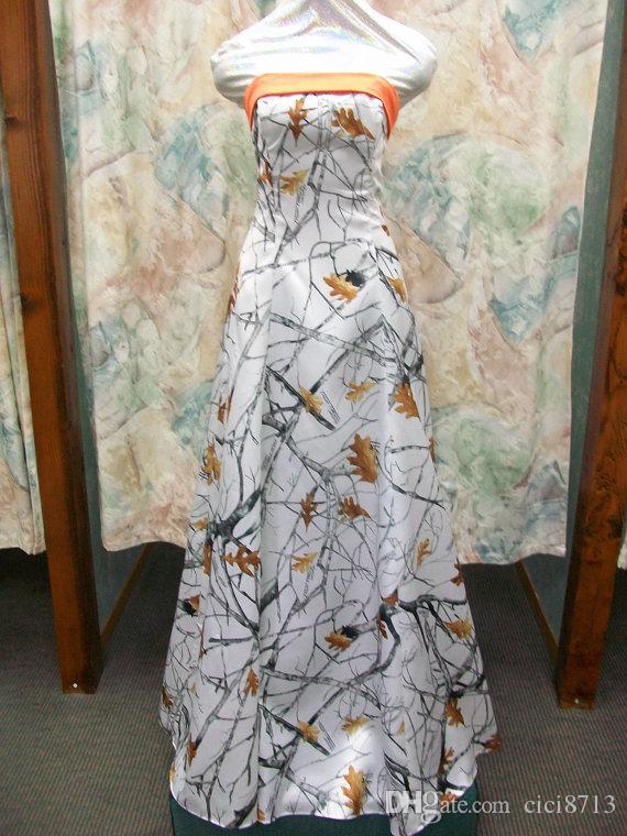 

In Stock CAMO Prom Dresses 2018 Strapless Long Formal Gown Satin White Snowfall True Timber Evening Gown With Hunter Orange Lace-up