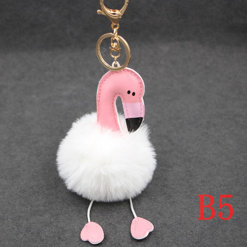 

20pcs Cartoon Flamingo Keychain Lovely Fluffy Artificial Rabbit Fur Ball Key Chain Animal Bird Pompom for Women Bag parts