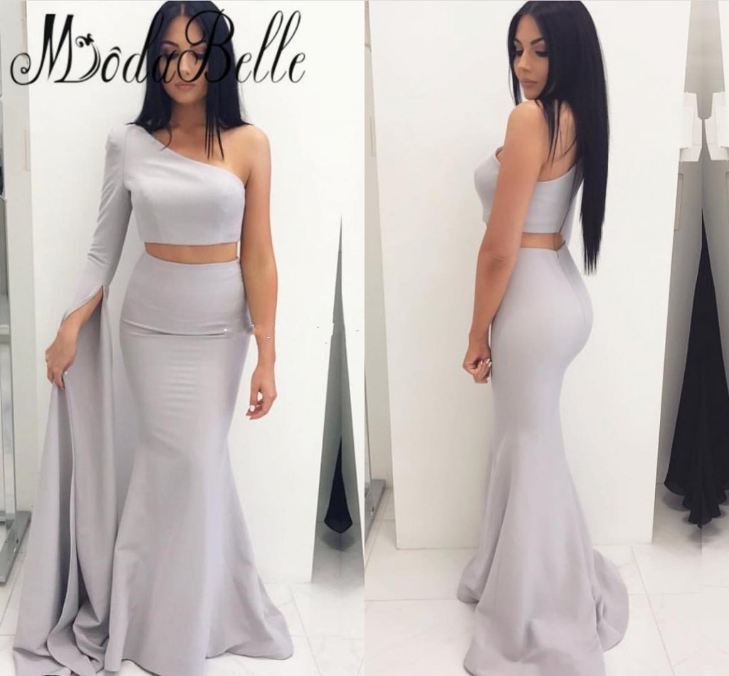 Special Occasion Morden Two Pieces Gray Prom Dresses One-Shoulder Long Sleeve Satin Long Formal Party Dress Prom Gowns