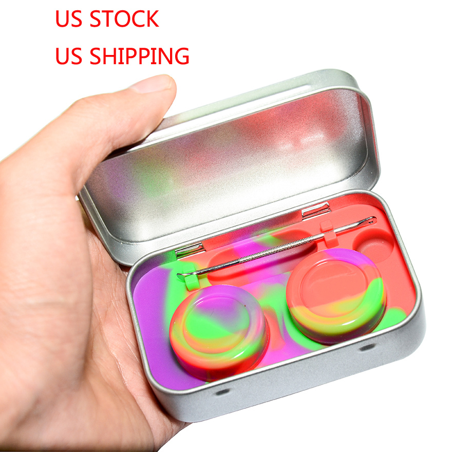 

Silicone Kit Set With 1pcs Tin box 2pcs 5ml Silicone Dab Containers For Wax Dabs jars And Silver Dabber Tool USPS SHIP